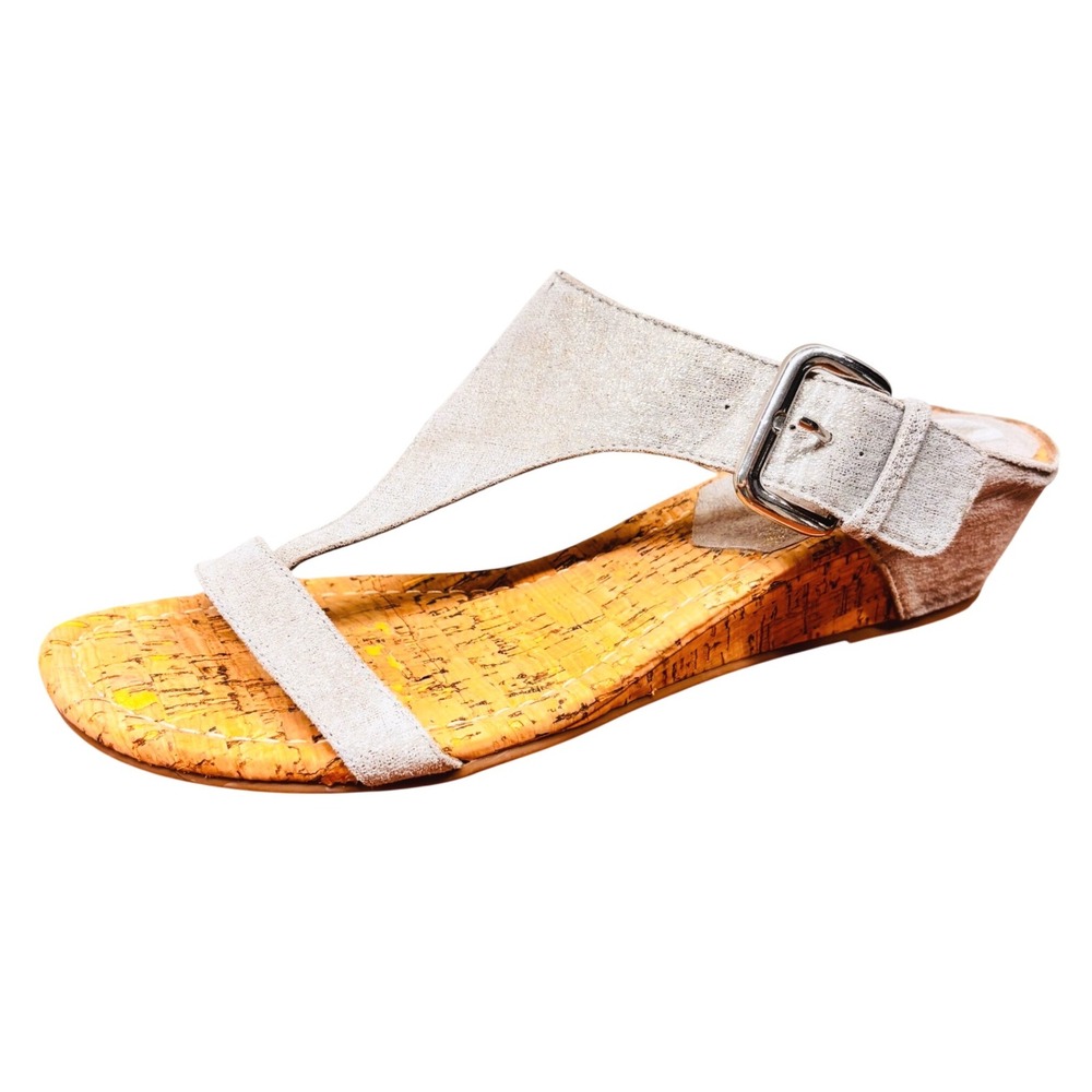 Donald Pliner Donni Grey Suede Cork Wedge T-Strap Sandals Size 10M Shimmer